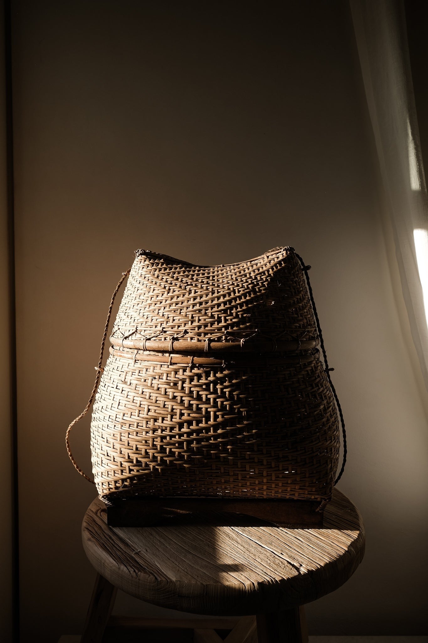 Large Vintage Wood and Rattan Basket