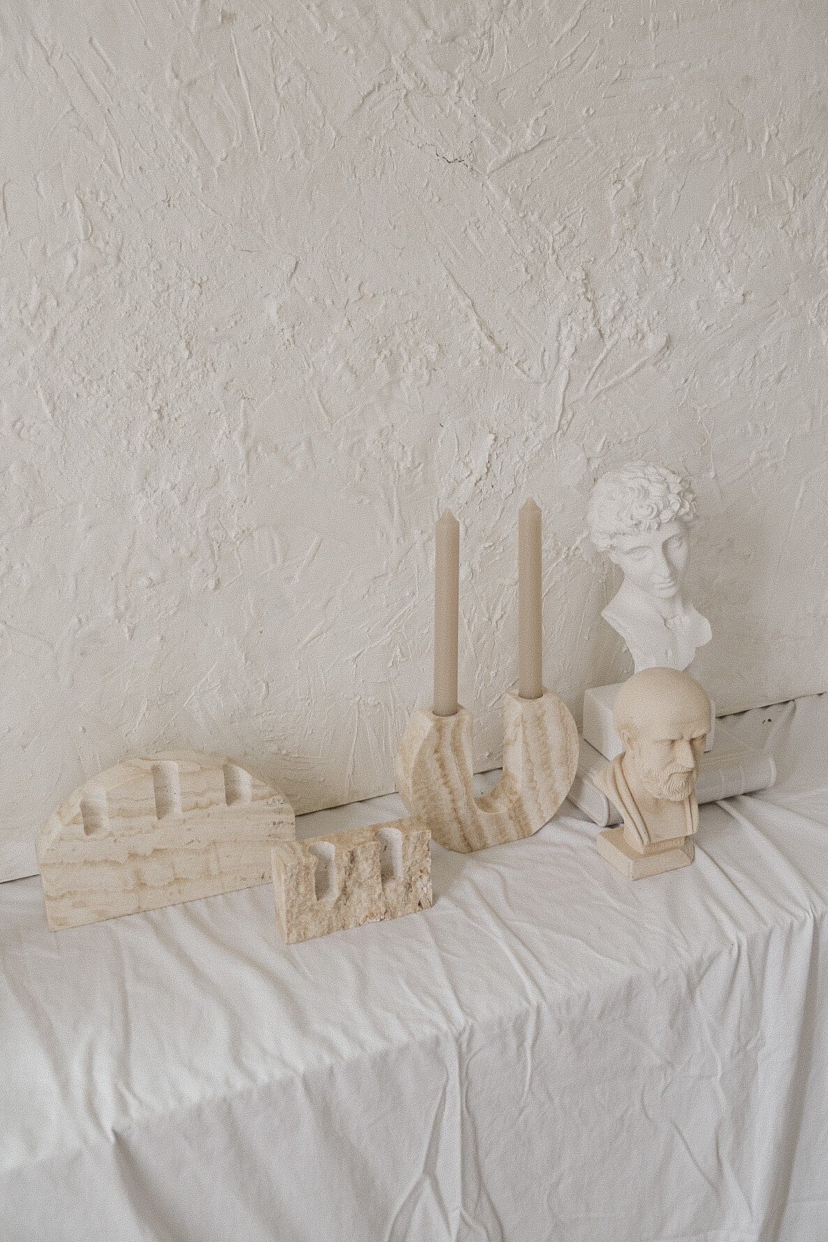 Dua Candle Holder: Beige Travertine Stone Candle Holder Twenty Third by Deanne