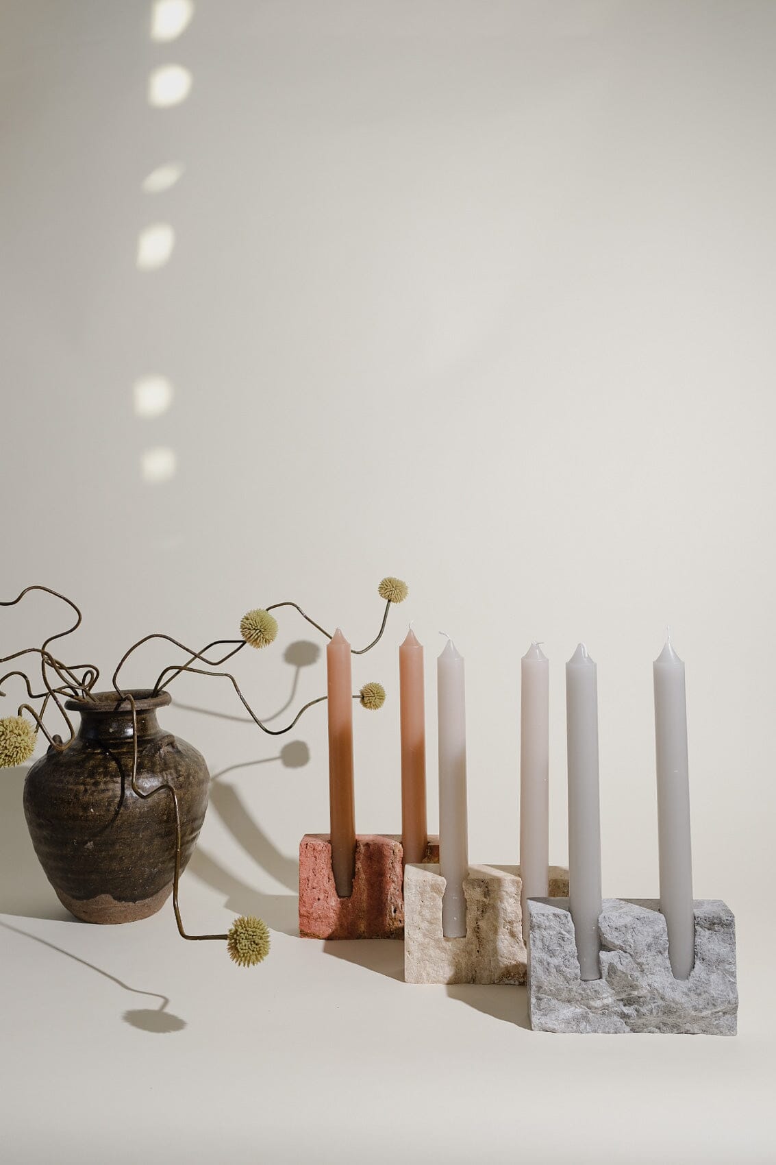 Dua Candle Holder: Beige Travertine Stone Candle Holder Twenty Third by Deanne