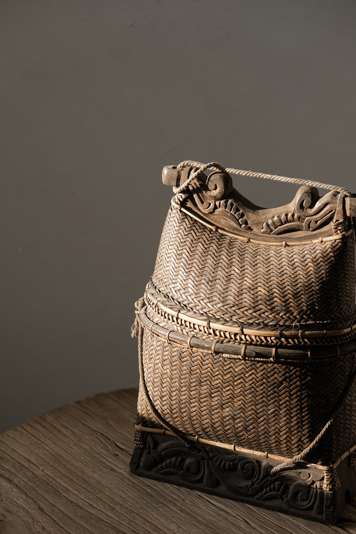 Small Vintage Wood and Rattan Basket