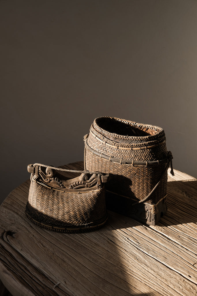 Small Vintage Wood and Rattan Basket