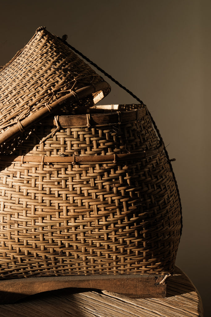 Large Vintage Wood and Rattan Basket