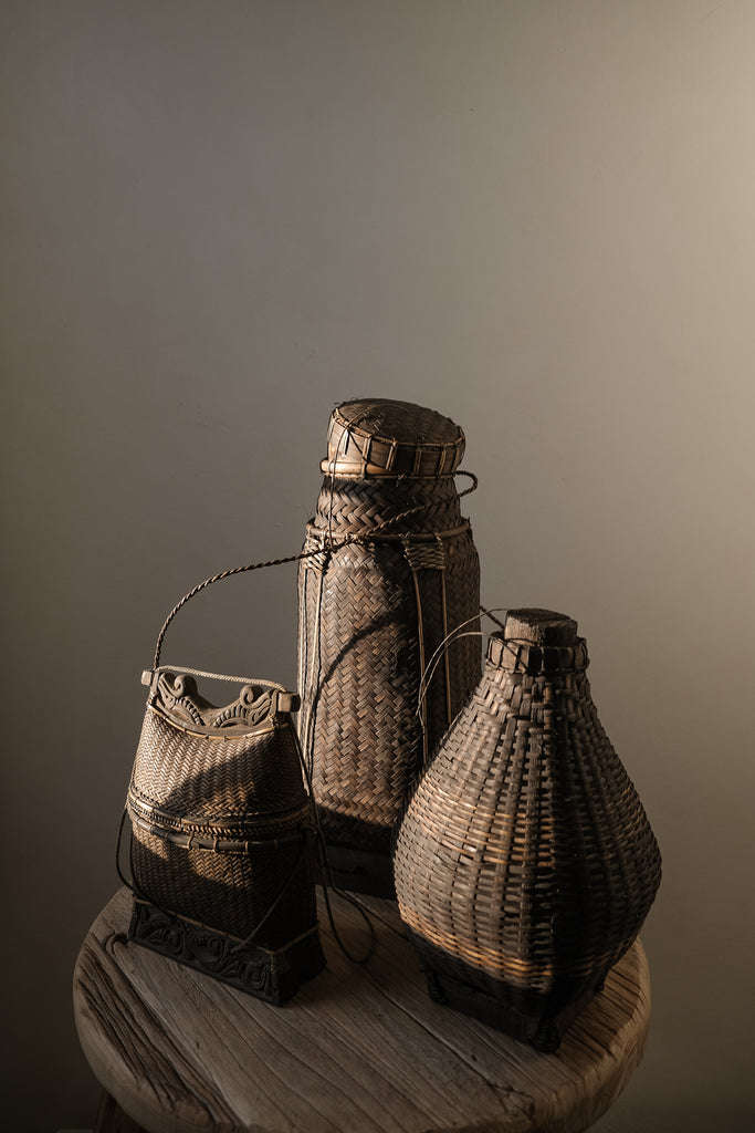 Short Vintage Wood and Rattan Basket