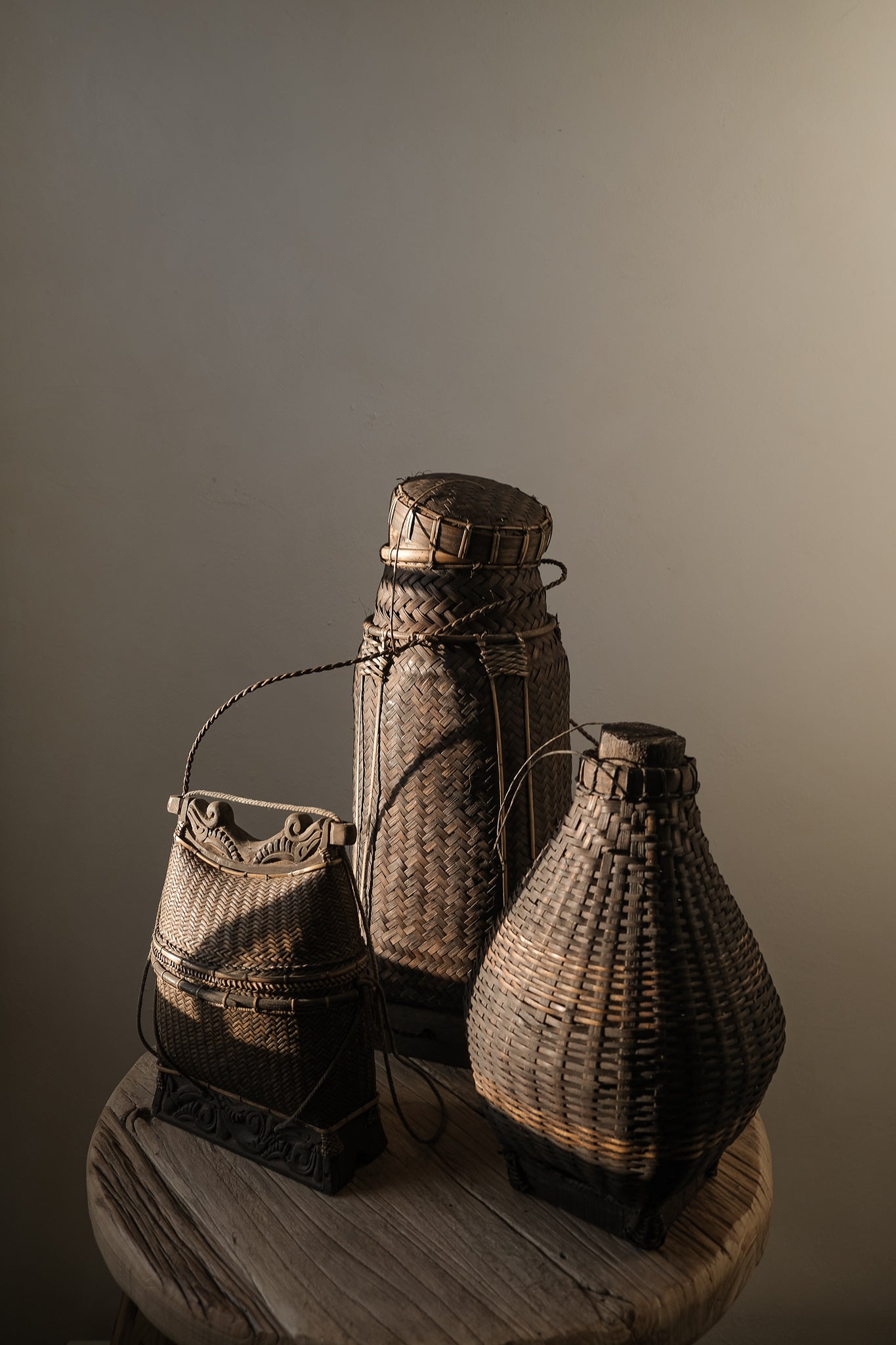 Tall Vintage Wood and Rattan Basket